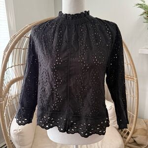 Jennifer & Grace Romantic Black Eyelet Cotton Blouse XS Ruffle‎ Neck Whimigoth